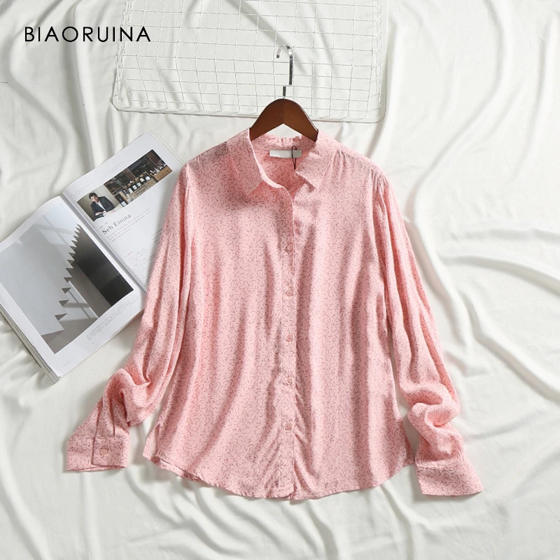 

BIAORUINA Women's Lines Printing Sweet Single Breasted Straight Basic Shirt Female Fashion All-match Shirt Turn-down Collar