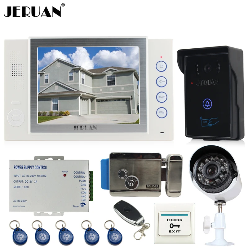 

JERUAN luxury 8" Video Door Phone Record intercom System kit RFID Access IR Night vision Camera+700TVL Analog Camera 8GB SD Card