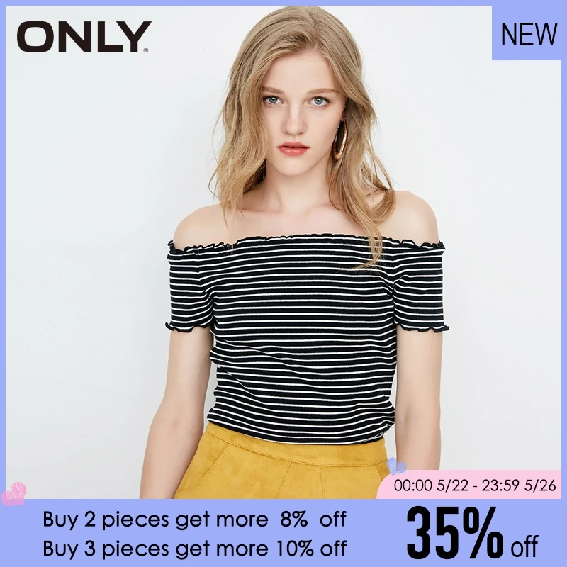 

ONLY Women's Summer 2019 Slim Fit Off-shoulder Striped Short-sleeved T-shirt |118201552