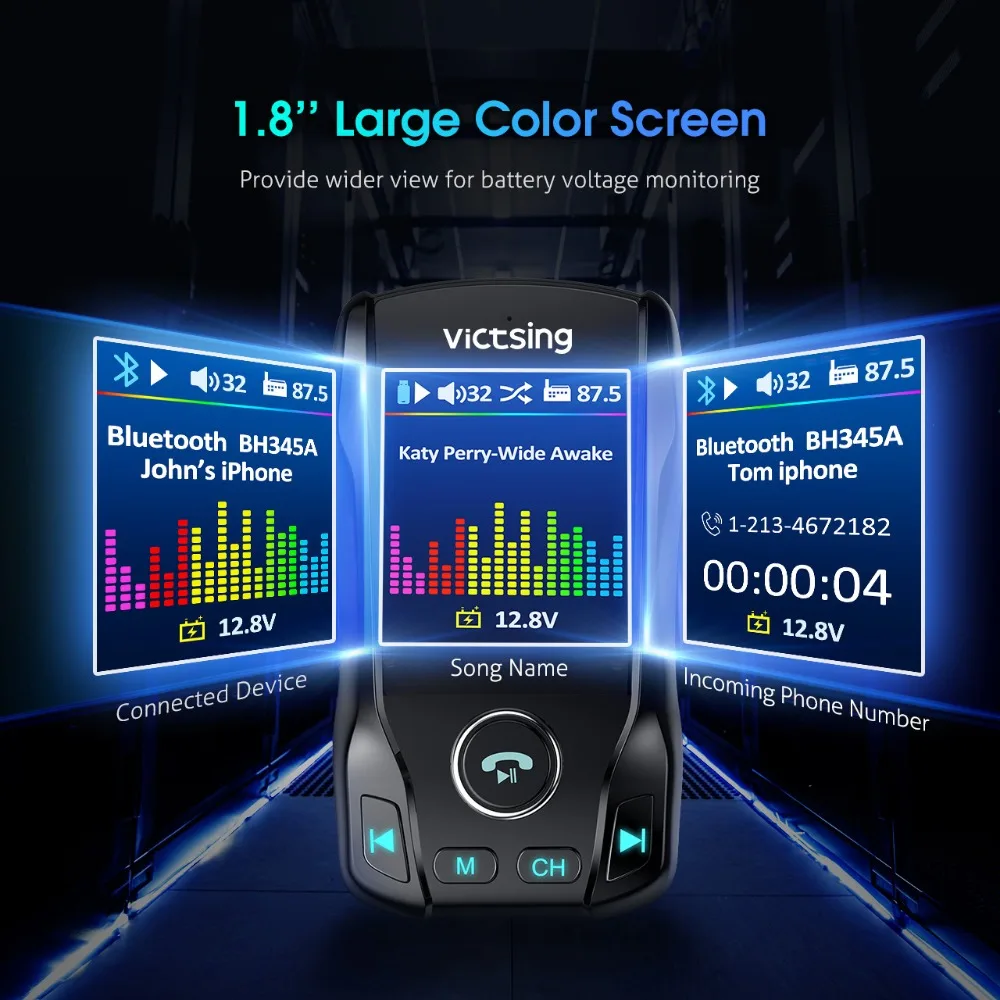 VicTsing 1.8 Bluetooth Car FM Transmitter PD & QC3.0 Wireless Radio Adapter Audio Receiver Hands-free Support TF AuxU-disk    (3)