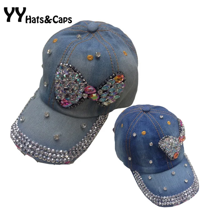 Fashion Blue Jean Snapback Hat For Women Big Bow Rhinestones Baseball