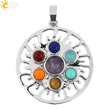 

CSJA 2015 Reiki Sun Shaped 7 Chakras Symbols Stone Pendant Yoga Jewelry Amulet Healing Pendants for Men women girl boy gift E031