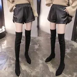 Кожа 2019 Новый осень и зима большой жир Корейская Высокая талия широкие брюки характер свободные тонкие искусственная кожа шорты