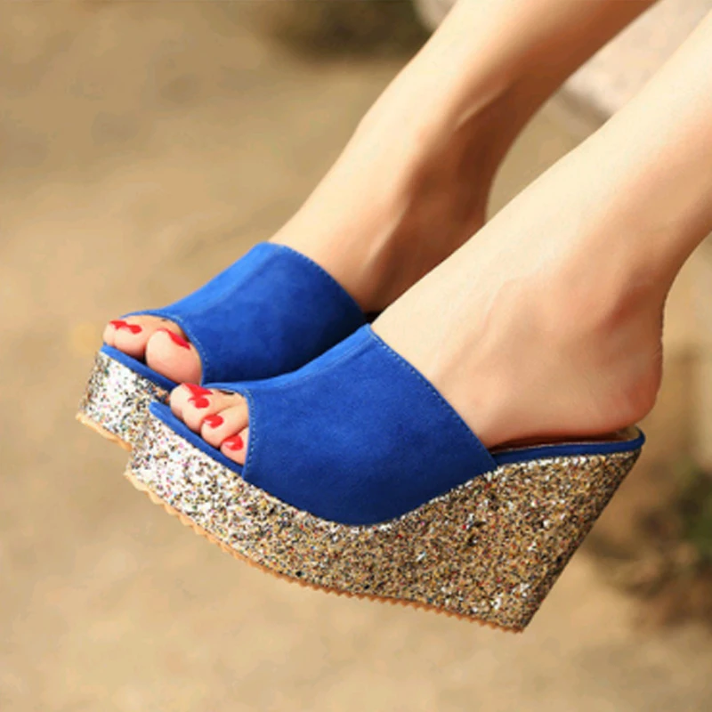 blue shoes Женская обувь на платформе; летние женские босоножки на танкетке с открытым носком; шлепанцы на Высоком толстом каблуке; Туфли женские шлепанцы - Цвет: blue shoes