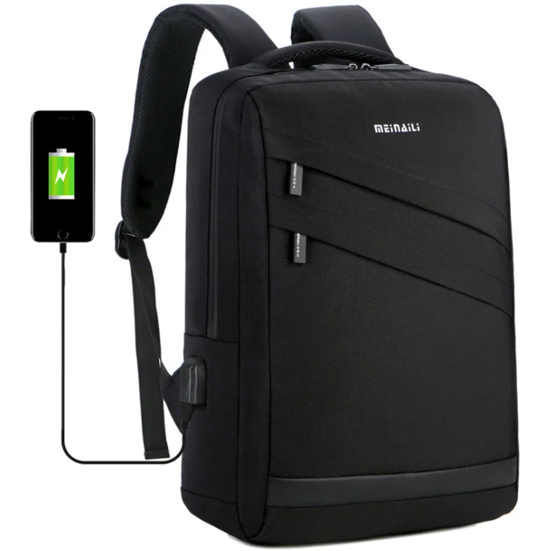 

New Student Backpack Polyester Business 15.6 inch Laptop Backpack With USB Charging Bag Zipper Front Pocket Men's Black Bagpacks