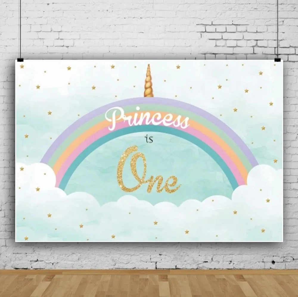 Laeacco Rainbow Birthday Backgrounds For Photography Baby 1st Unicorn Party Star Poster Photography Backdrops For Photo Studio