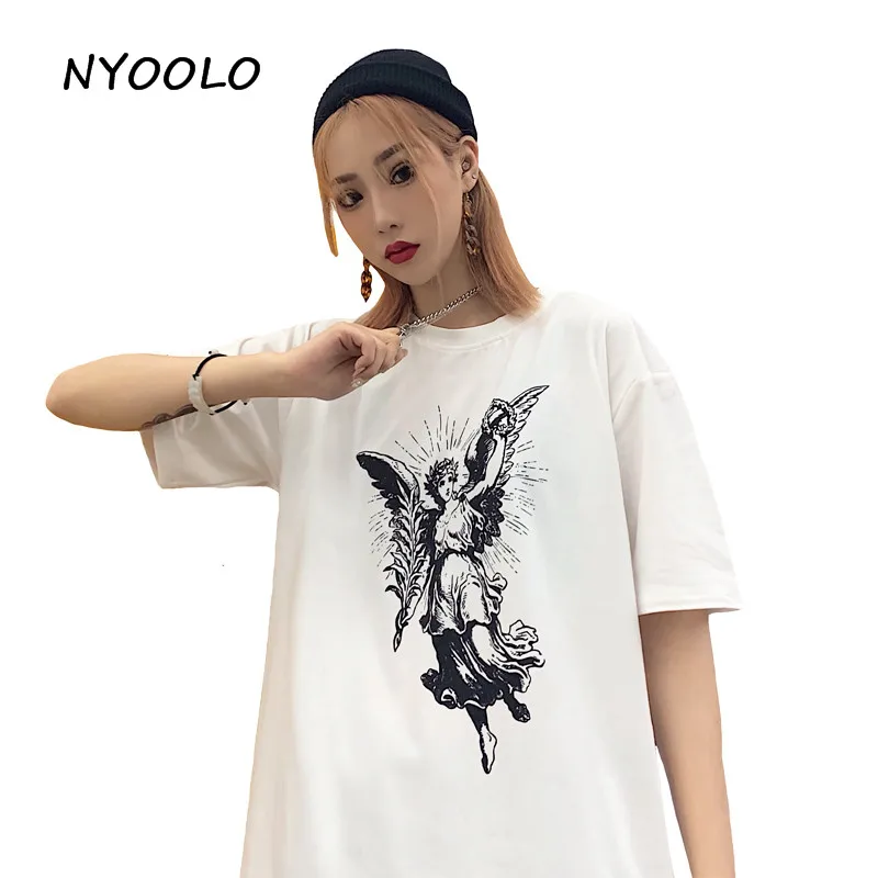 

NYOOLO Novelty style angle wing print tees Summer streetwear short sleeve O-neck cotton t-shirts women clothing classic tops