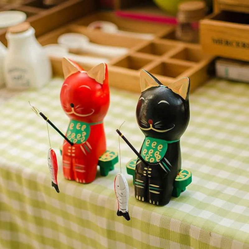 Runsheng Wooden Miniature Fishing Cat 2 Pcs/Set Home Accessories Room