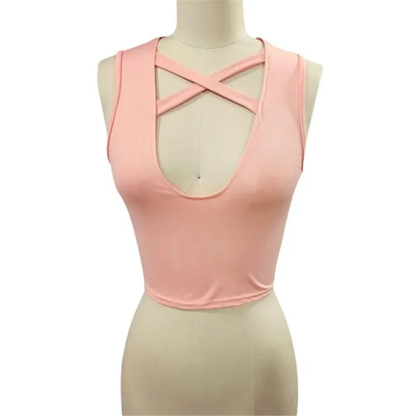 Sexy V Neck Harness Crop Top Female Camis Bandage Casual Vest Women's Tops Base Shirt Cropped Women's Blouse Wholesale noFB14 (2)