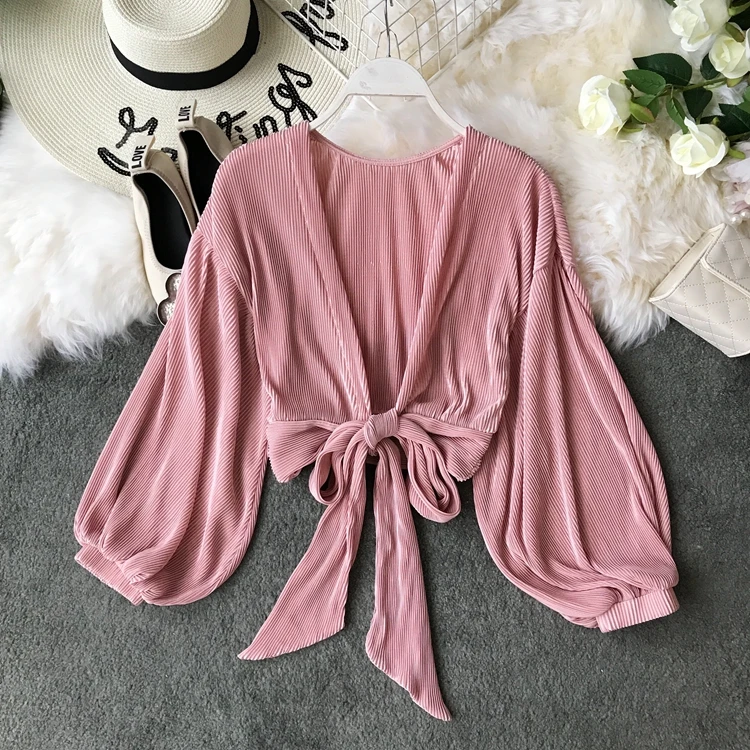  2019 summer short satin shirts women lantern sleeve short tops female lace up waist short blouses s