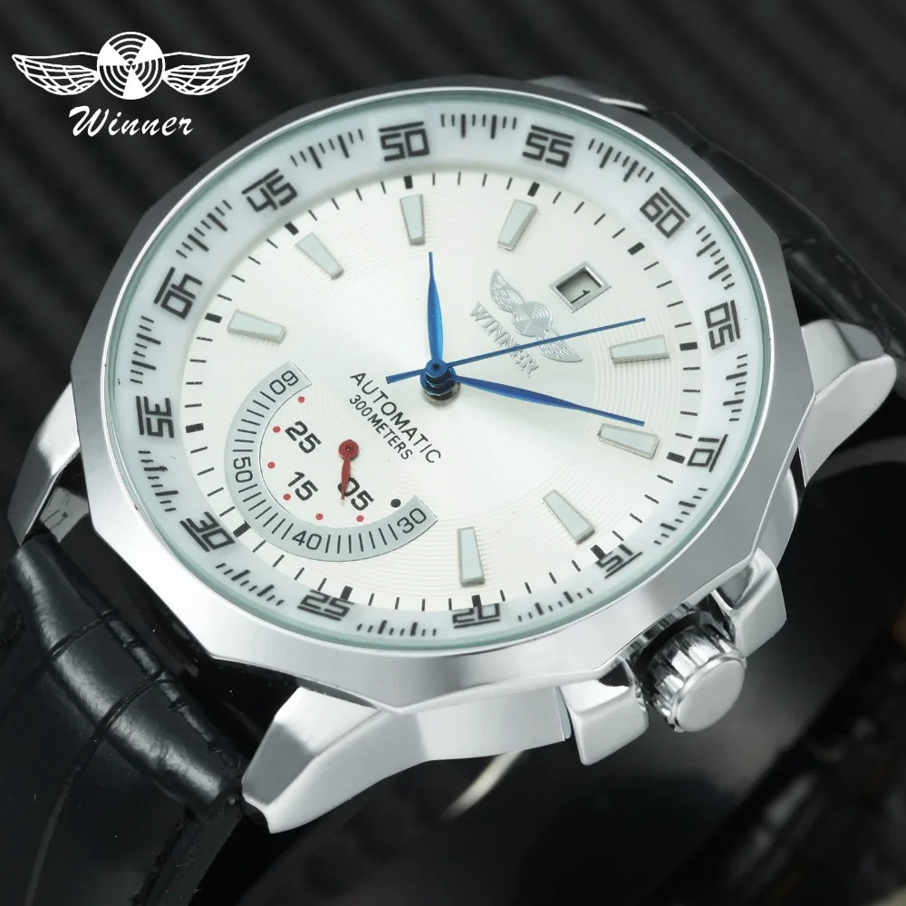 WINNER Military Sport Watch Men Auto Mechanical Working Sub-dials Calendar Blue Dial Leather Strap Mens Watches Top Brand Luxury