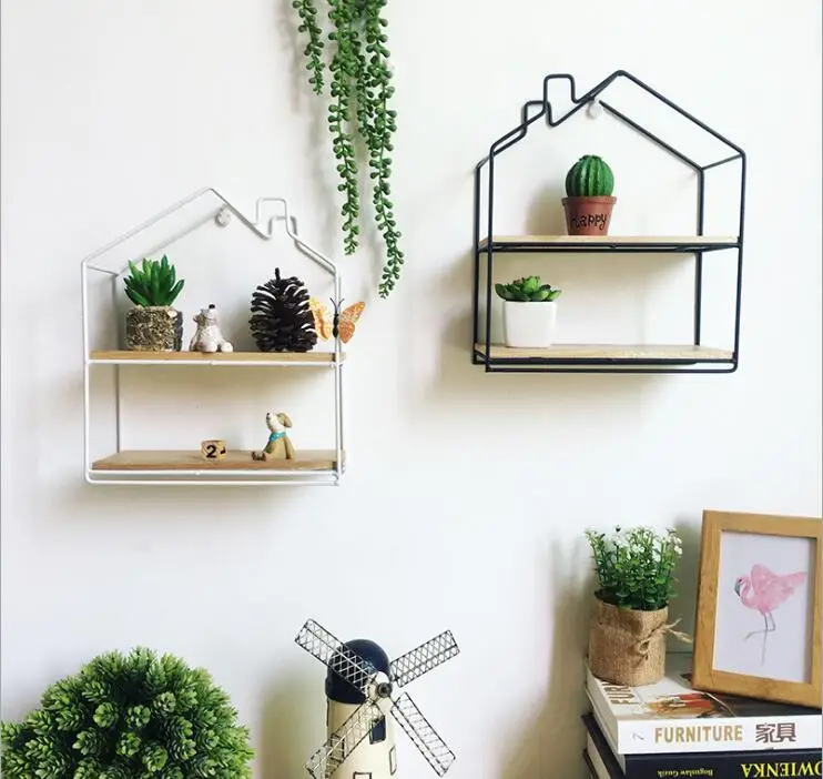 

House Shape Metal Wall Rack Two layer Flower Vase Holder Multi-use Wooden&Metal Wall Sundries Holder Wall Shelf Storage Basket