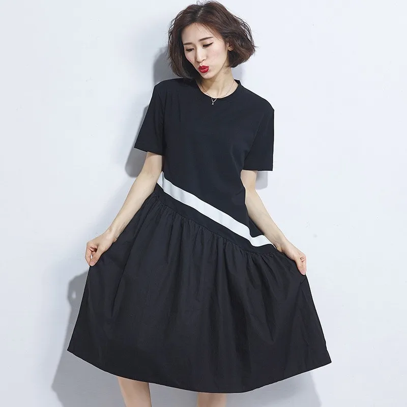 

LANMREM 2019 New Fashion Summer Irregular Short Sleeve Black Dress For Women Female's Contact Color Clothing Vestido YG36801