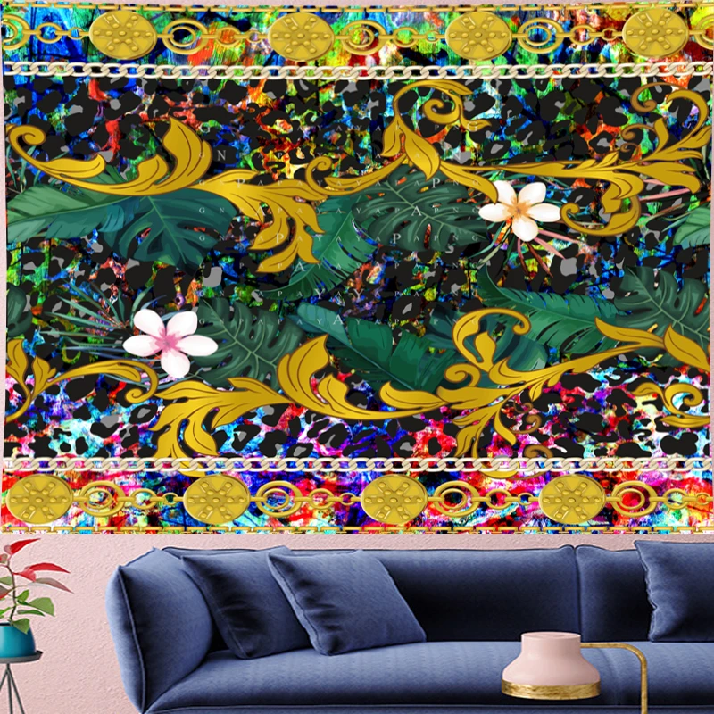 

Psychedelic gold flower Mandala Tapestry Vintage chain leopard Pattern Retro Wall Hanging Bohemian Home Decor Art Wall carpets