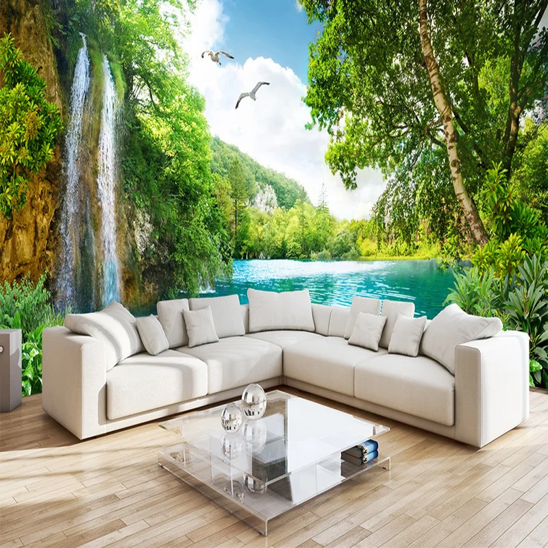 Пользовательские фрески 3D Зеленый Горный водопад природа пейзаж фото обои настенная ткань гостиная домашний декор настенное покрытие 3 D
