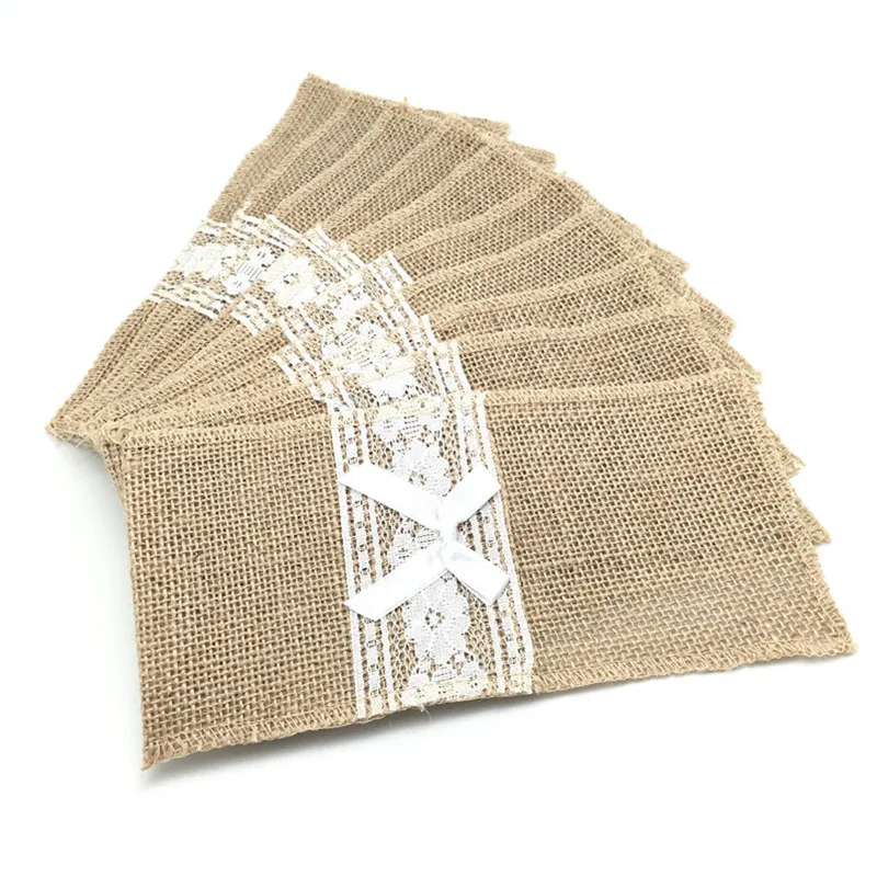 10pcs Natural Jute Burlap Cutlery Holders Packaging Fork and Knife for Wedding , Party Decoration 11*21cm   AA8016
