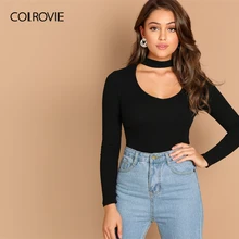 COLROVIE, черная, сплошная, с вырезами, с воротником-чокером, сексуальная, вязанная футболка для женщин,, Весенняя мода, элегантные, с длинным рукавом, футболки, женские топы