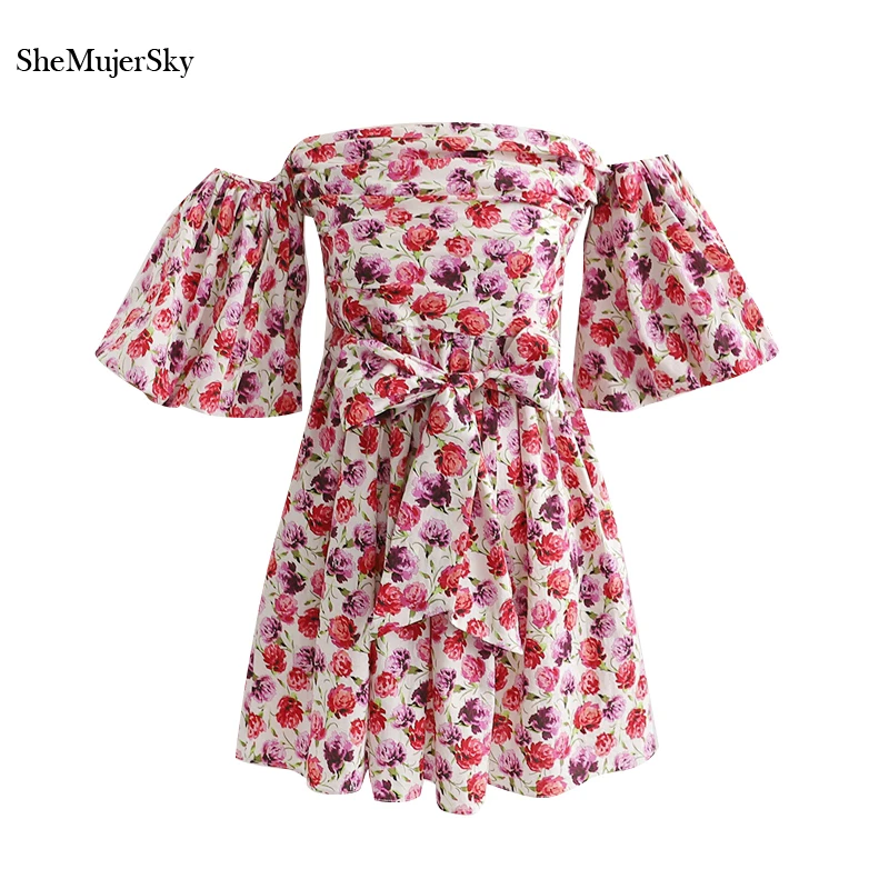 

SheMujerSky Off Shoulder Floral Dress Women Slim Bandage Waist Summer Dresses Beach Party Fashion vestidos verano 2019