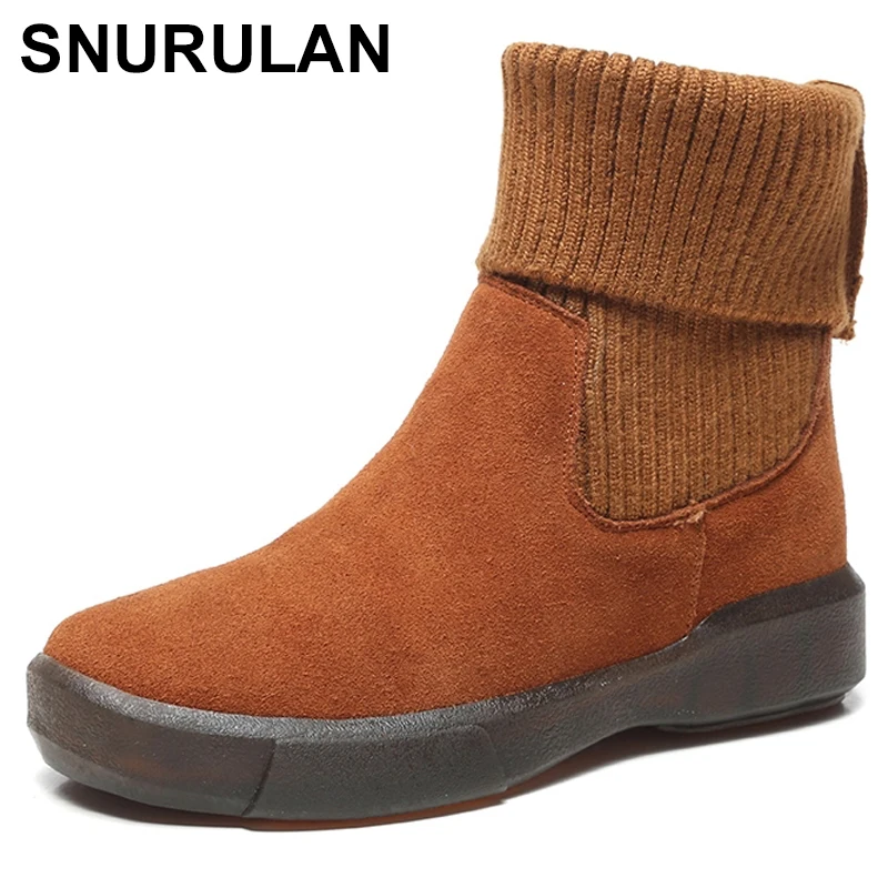 

SNURULAN Brand Winter Shoes Women Boots Genuine Leather Slip On Round Toe Winter Snow Flats Chelsea Boots Ankle Boots Woman