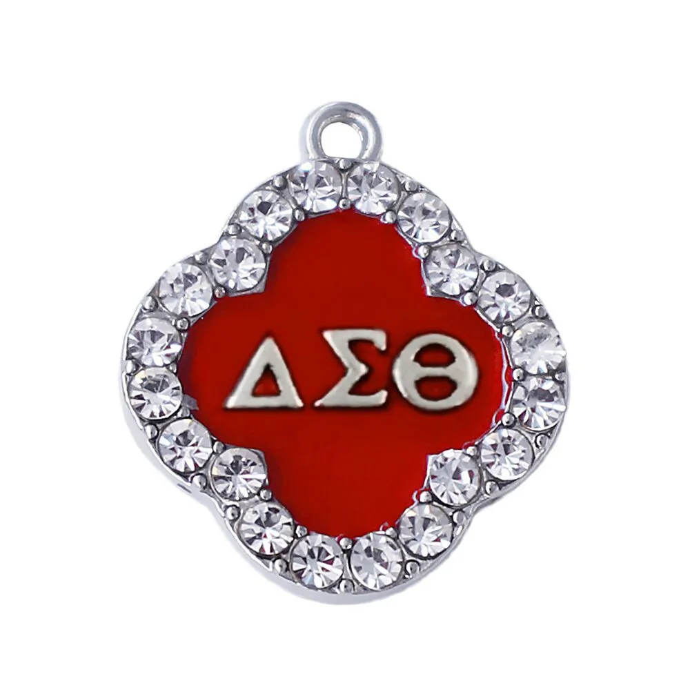 

Four clover delta sigma charm red enamel white crystal sorority greek letter DST society metal jewelry fashion custom diy
