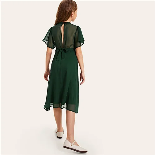 SHEIN/Детские вечерние платья зеленого цвета с разрезом на спине и поясом для девочек; коллекция года; летние платья с рукавами-бабочками; милые детские платья с расклешенными рукавами - Цвет: Зеленый