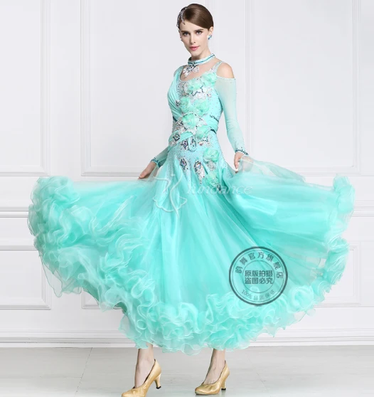 

customize rhinestone blue green Fox trot Waltz tango salsa competition ballroom dance dress long mesh sleeve size S-XXXL