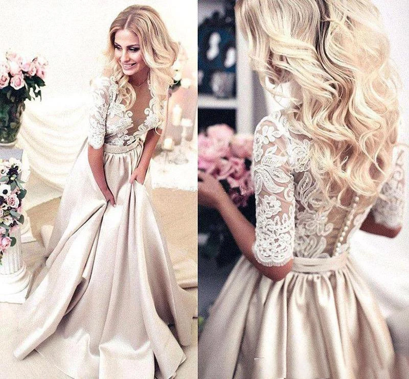 

2019 Handmade Half Sleeves Prom Dresses Applique Covered Button Back Lace Evening Long Dresses Junior Skinny Girl Party