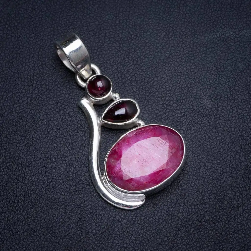 

Natural Cherry Ruby and Amethyst Handmade Unique 925 Sterling Silver Pendant 1.5" X0020