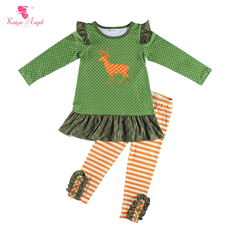 

Kaiya Angel Christmas Outfit For Kids Girl Green Bottom Tops + Striped Button Trousers Children Fall Clothing Set 5sets/lot