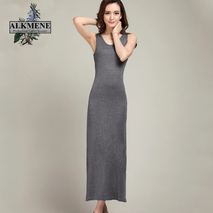 Buy Cheap ALKMENE Causal Summer Dress for Women 2017 Ankle-Length Dress Soft Wool Knit Women Dress Long Sleeveless O-neck Dress Female