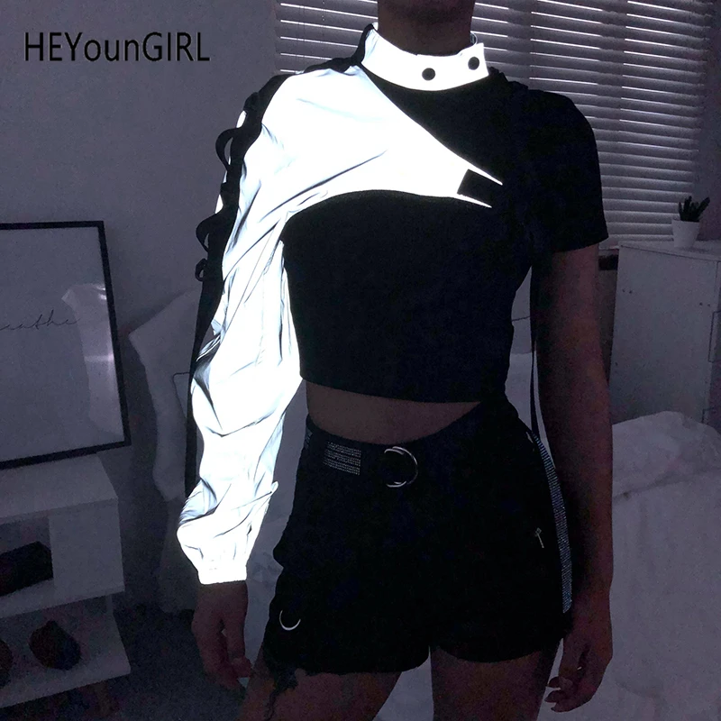 HEYounGIRL светоотражающий топ на одно плечо, Харадзюку, панк, футболка с длинным рукавом, Женский нестандартный карго, укороченный топ, женская уличная футболка|Футболки| | АлиЭкспресс