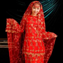Custom Made O-Neck Long Sleeve Beading Appliques Bow Belt Red Muslim Wedding Dress Hijab 2017 Elegant Vestido Longo