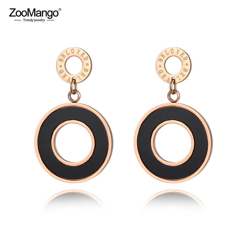 

ZooMango Double Circles Stud Earrings Black Shell Rose Gold Color Stainless Steel Jewelry Beloved Letters Christmas Gift ZE18451