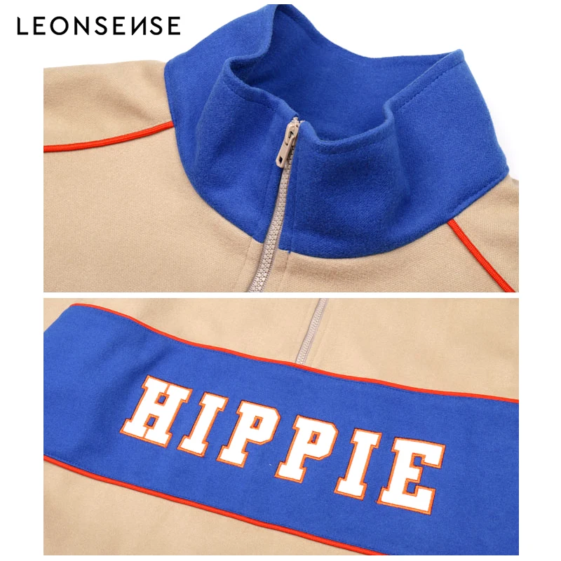 LEONSENSE High collar Zip Front Cut Embroidery letters men's Sweatshirt Athleisure Stand Collar Raglan Sleeve winter Pullovers