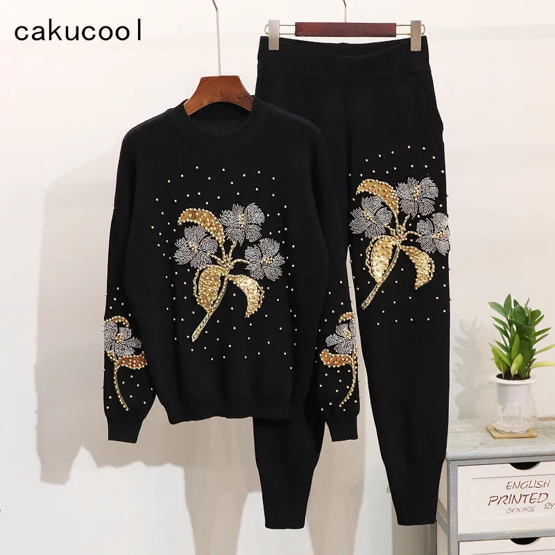 

Cakucool Women Winter Handmade Beading Sequined Pattern Long Sleeve Knitted Pullover Tops and Trousers 2PCS Clothing Sets Large