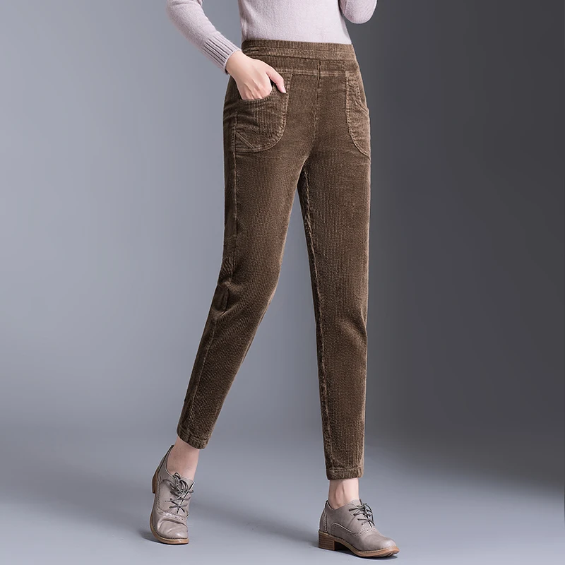 

Free Shipping 2018 Autumn New Women's Thick Corduroy Ankle-length Pants Lady's High Elastic Waist Pencil Trousers
