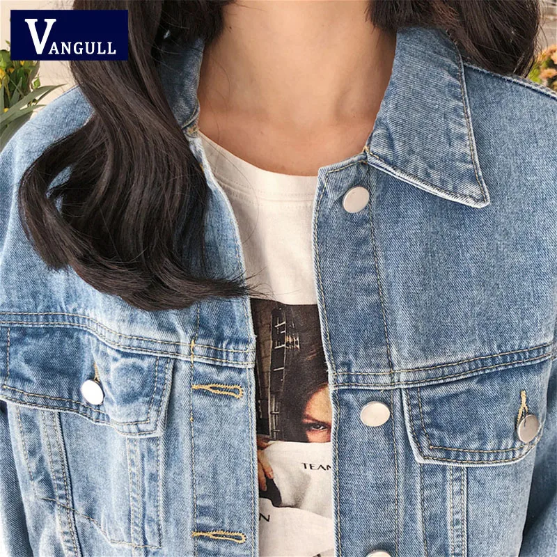buy  Vangull 2019 Solid Turn-down Collar Jean Jacket for Women Loose Casual Blue Fashion Women Coats Fem