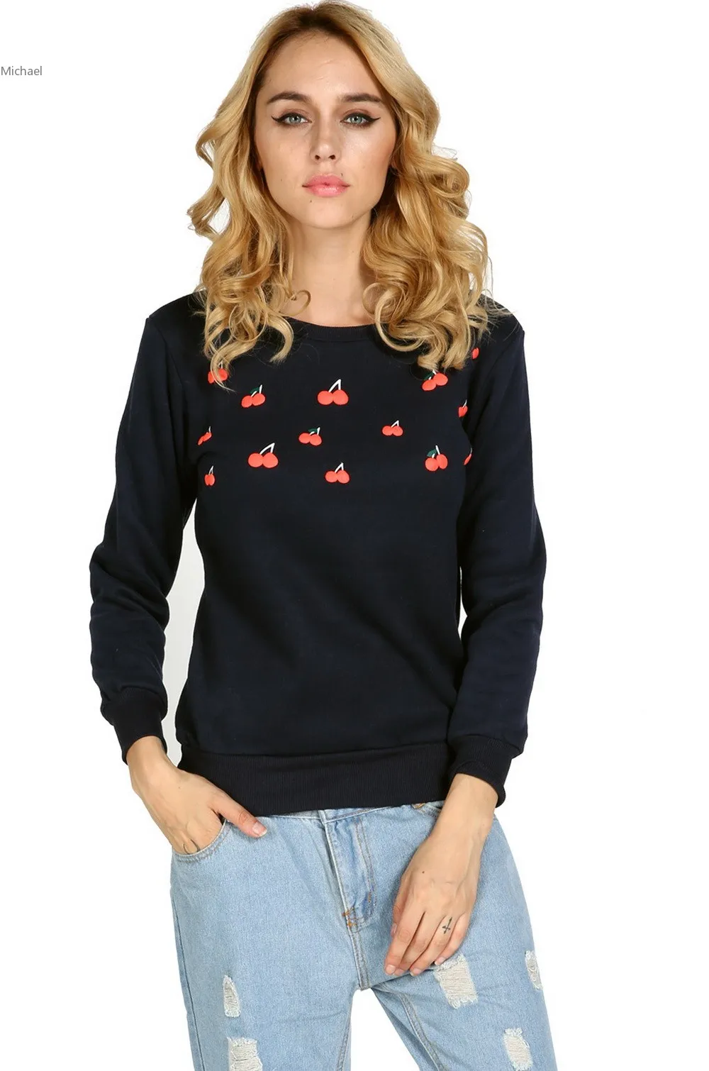 New High Quality Casual Autumn Cute Cherry Print Cotton Beading Hoodies