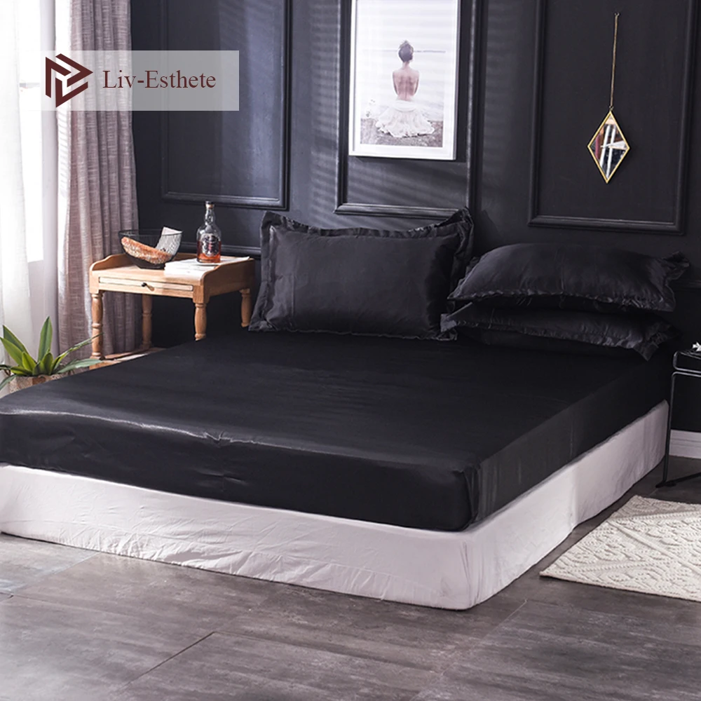 

Liv-Esthete Wholesale Luxury 100% Satin Silk Black Fitted Sheet Elastic Band Mattress Cover Queen King Bed Sheets For Women Men