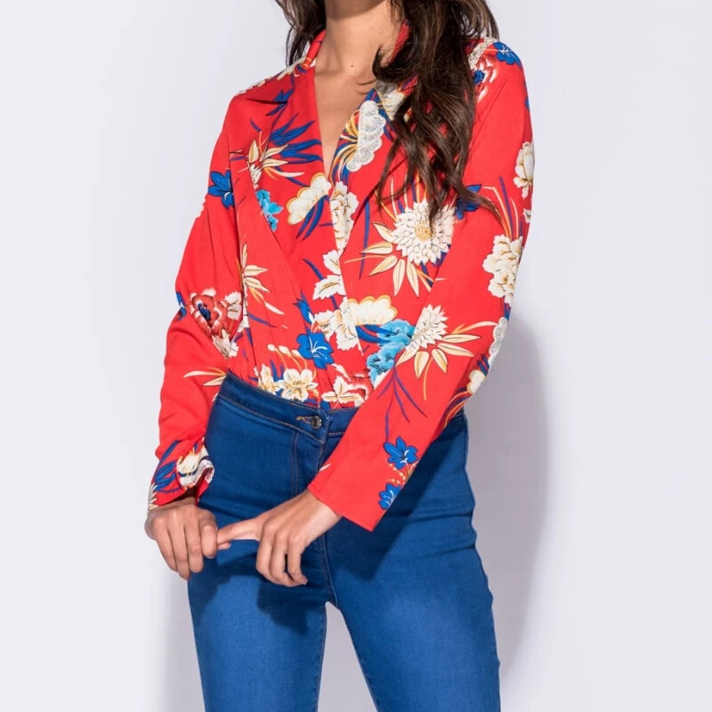 Sexy Women Ladie Floral Print Bodysuit Long Sleeve Tuxedo Wrap Over