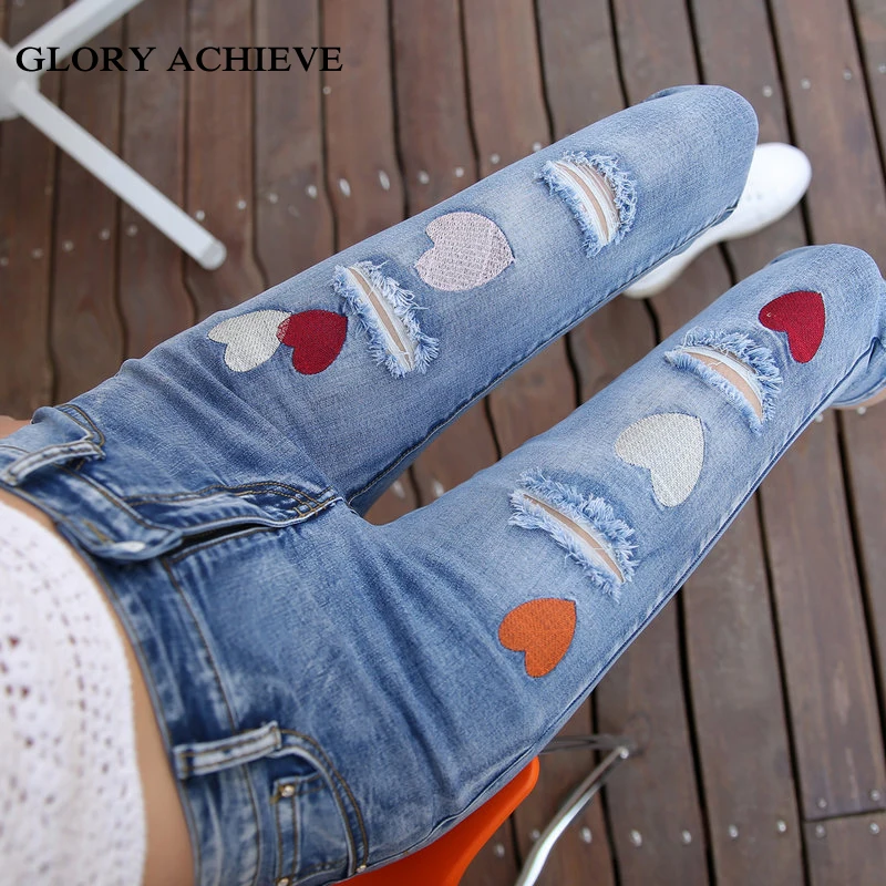 

Ripped Jeans Female Stretch Women Denim Pants Capri Bottoms Capris Mid Waist Embroidery Cuffs Ripped Hole Trousers Cropped 3/4