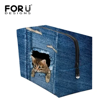 

New Fashion Make Up Bag for Women Cute Animal Denim Cat Print Cosmetic Bag Case Women Makeup Bag Organizer Toiletry Bag