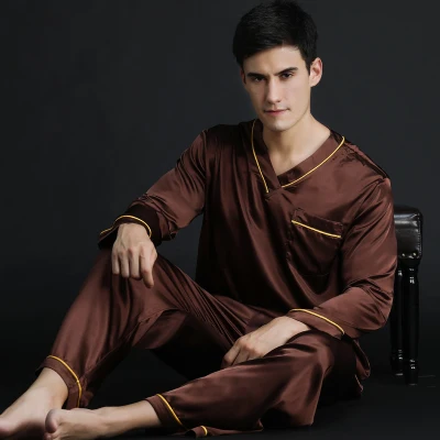 Новинка года, весенне-осенняя мужская шелковая атласная пижама, мужской пижамный комплект с длинными рукавами, Мужская сексуальная одежда для сна, домашняя одежда для отдыха, большие размеры - Цвет: brown