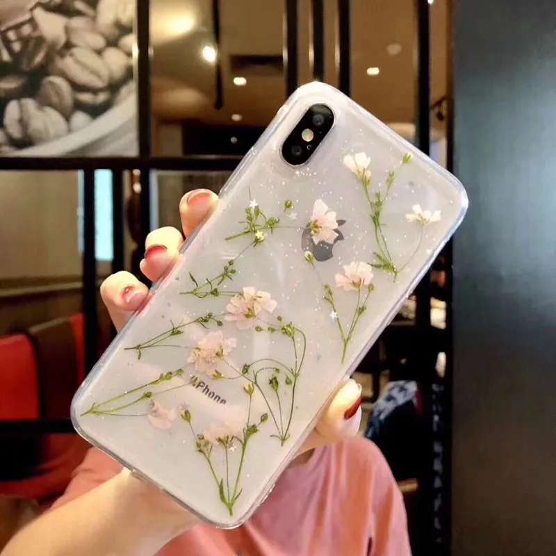 Real Dried Flowers Soft TPU Phone Case For iPhone X XR XS Max 6 6S 7 8 plus Silicone Cover Handmade Clear Pressed Case Coque New (11)