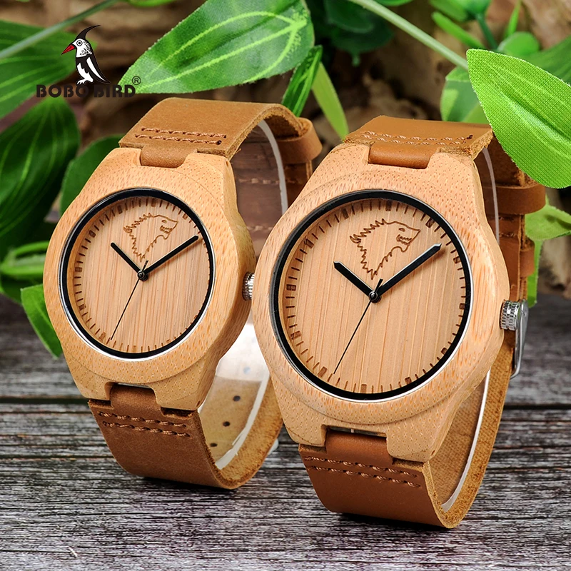 

BOBO BIRD Bamboo Wood Couple Watches Quartz Movement Wolf Pattern Leather Belt Watch for Lovers Gifts L-k04