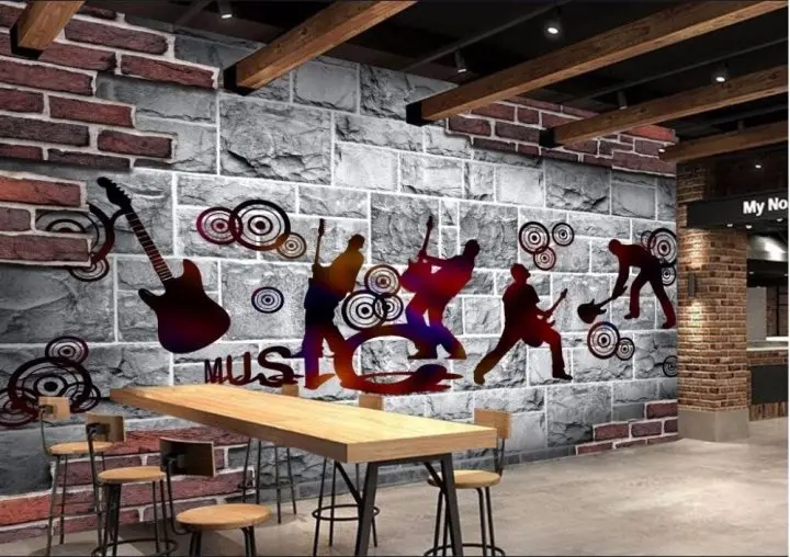 Настроить любой размер росписи 3d рок-музыка бар КТВ белый кирпичные стены Кофе ностальгические Гитары Красота Ресторан Задний план обои