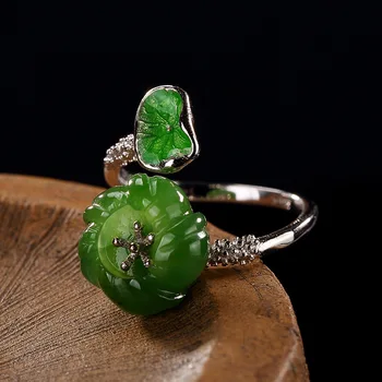 

S925 Pure Silver Mosaic and Hotan natural stone Leaf Flower Lady High-end Baitao Open Silver Ring fashion female jewelry