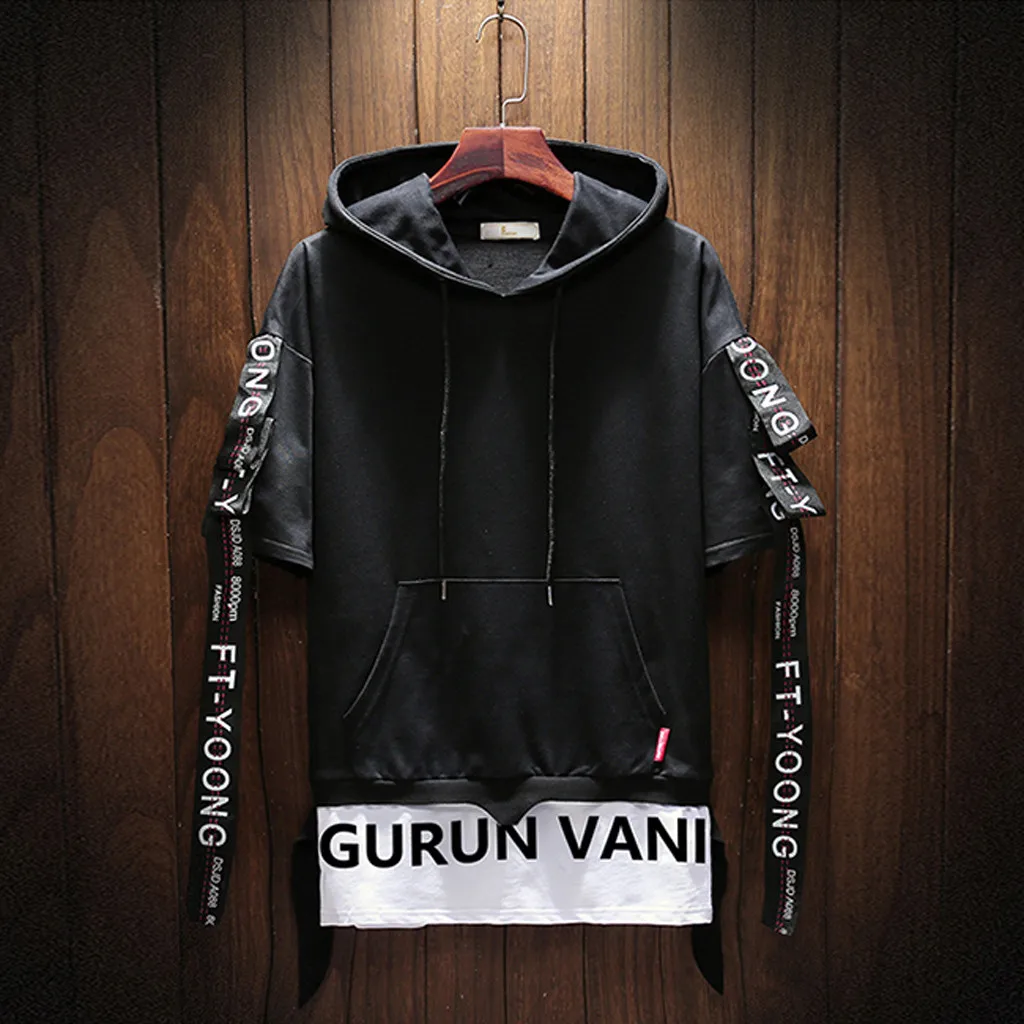 

Men's Summer hoodies Casual Fashion Patchwork Hoodie shirts Short Sleeves Top streetwear Blouse sudadera hombre #E