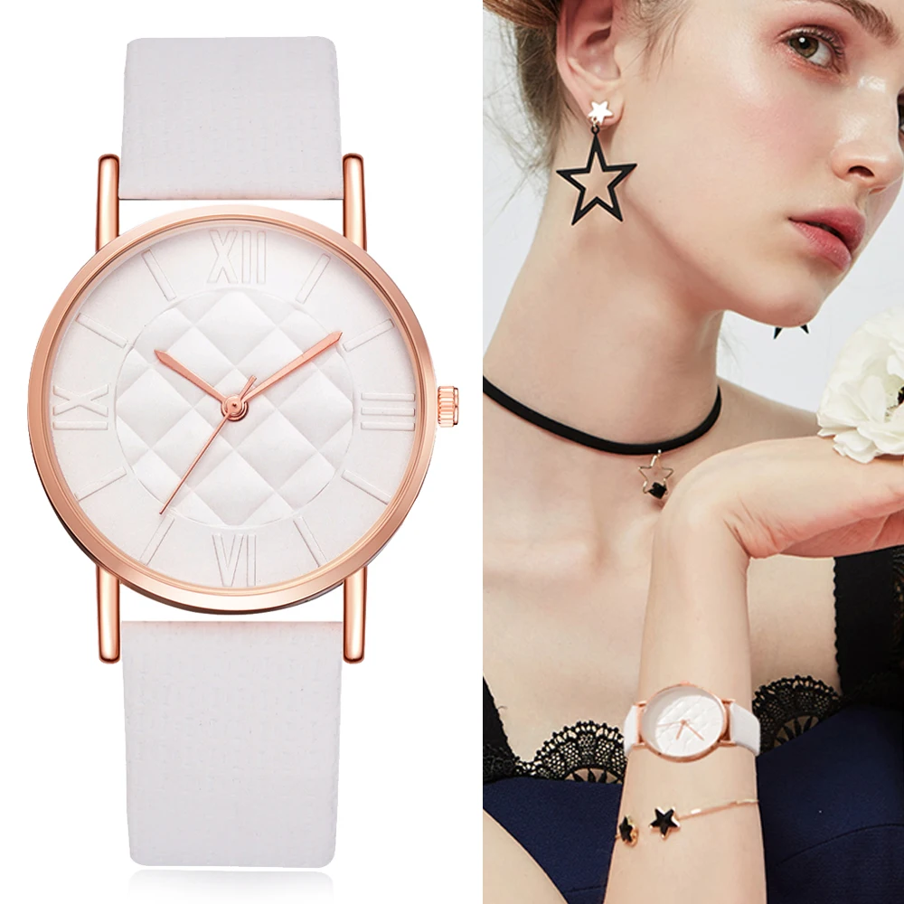 Leather White Watches Women Grid Dial Ladies Dress Watch Women's Casual Sport Quartz Watch