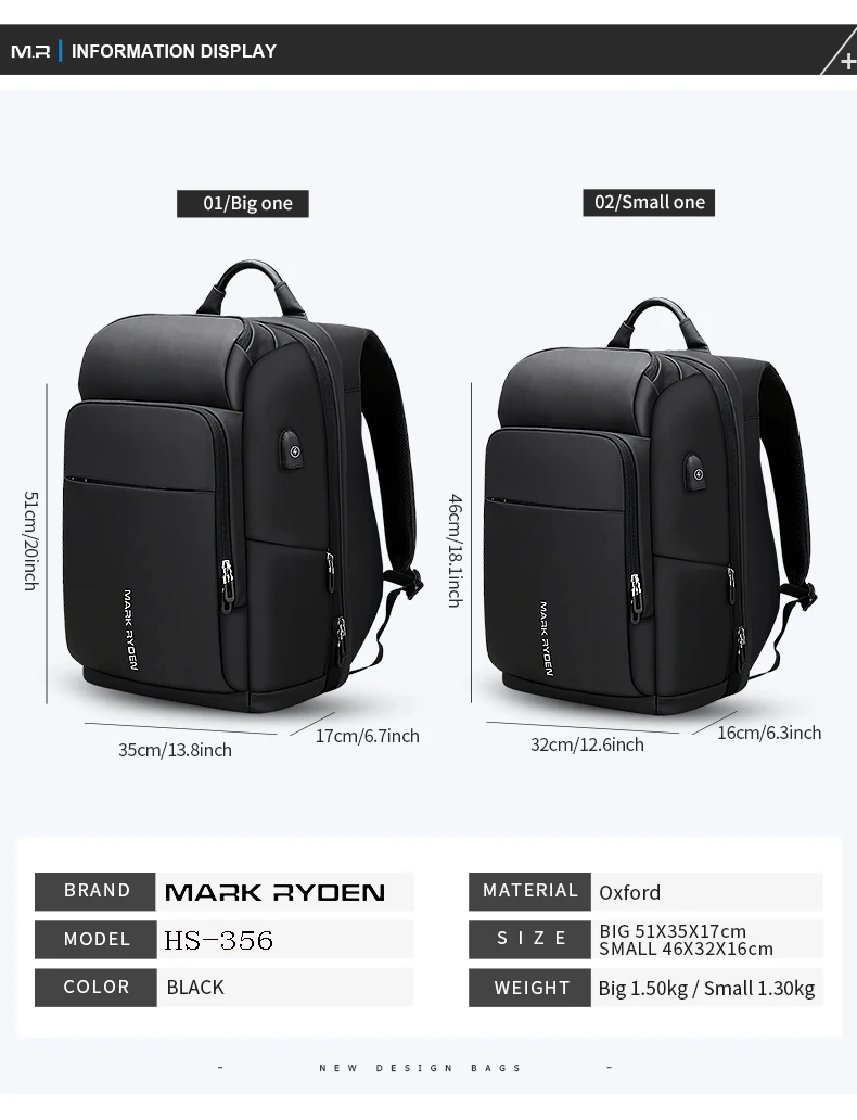 Mark Ryden, мужской рюкзак, многофункциональный, usb зарядка, 17 дюймов, сумка для компьютера, большая емкость, водонепроницаемый, дорожные сумки для мужчин